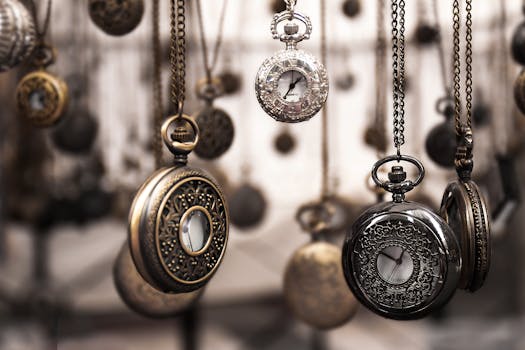 Close-up of antique pocket watches with intricate designs hanging in a blurred vintage setting.
